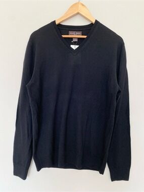 Black Brown 1826 Mens 100% ExtraFine Merino Wool Sweater V-Neck Black Sz M
